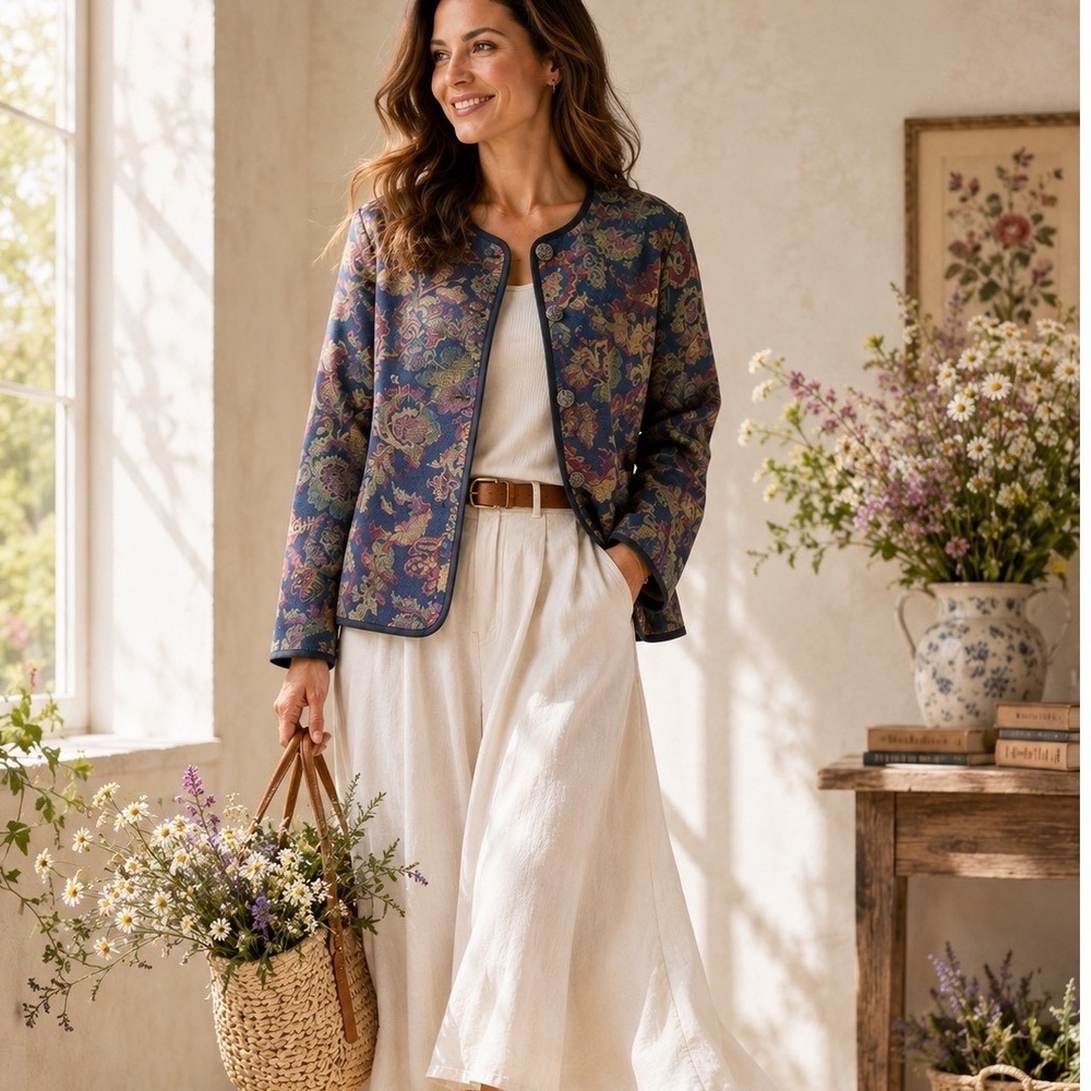 Unbranded Tapestry Floral Jacket Womens L Blue Multi Ornate Buttons‎